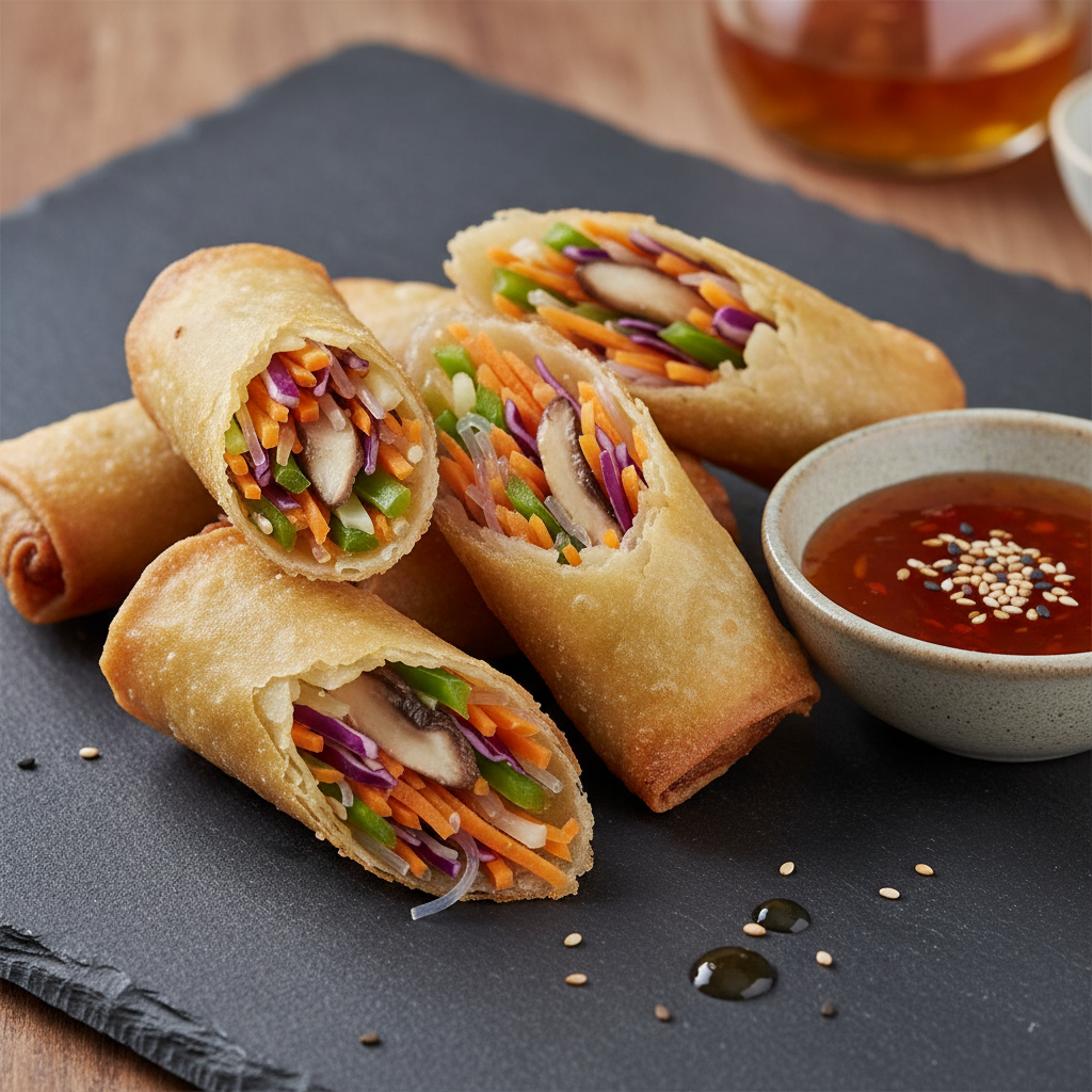 Vegetable spring rolls cut in half showing filling