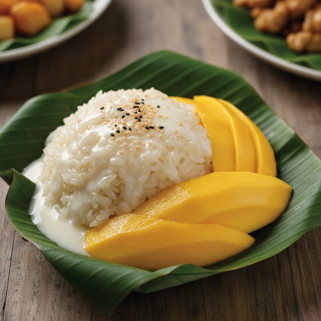 Mango sticky rice with coconut milk on banana leaf