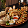 Asian appetizer sampler platter with spring rolls, dumplings, and satay