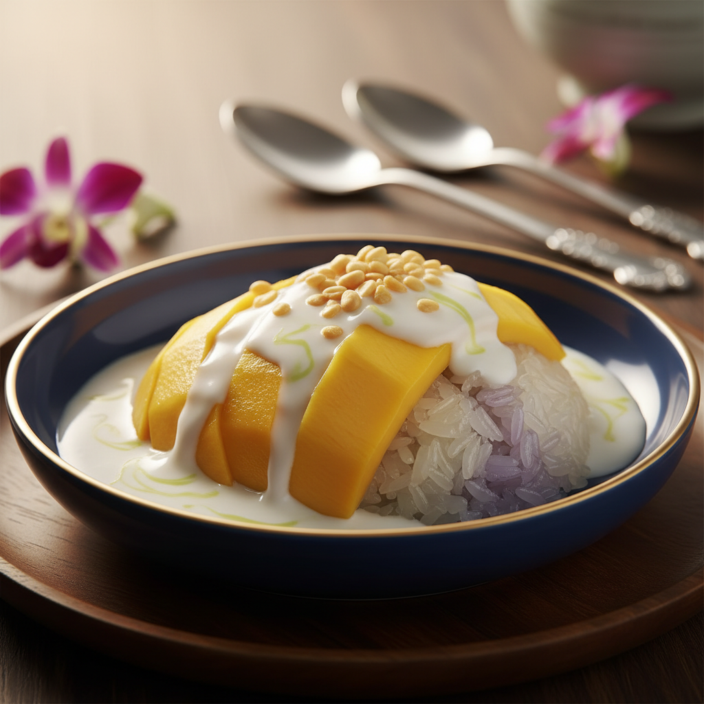 Close-up mango sticky rice with coconut sauce