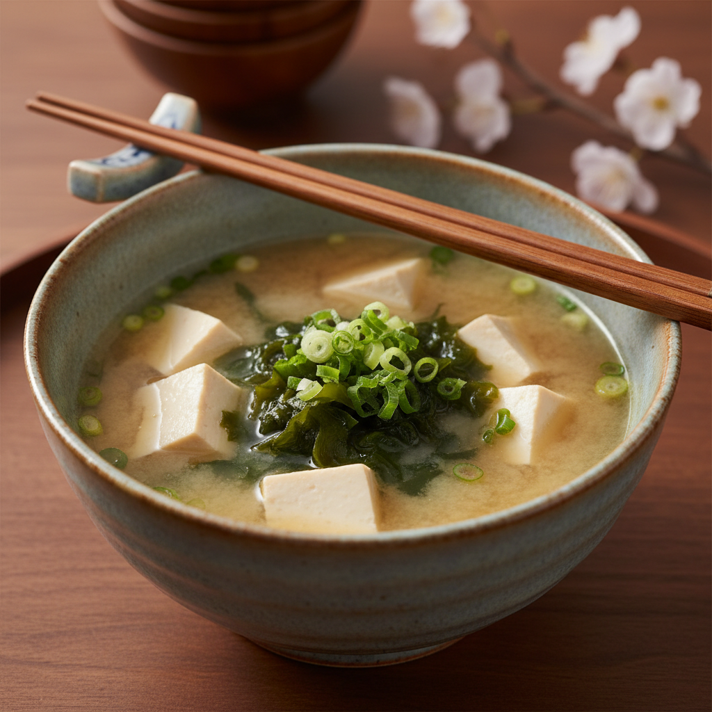 Close-up miso soup in ceramic bowl
