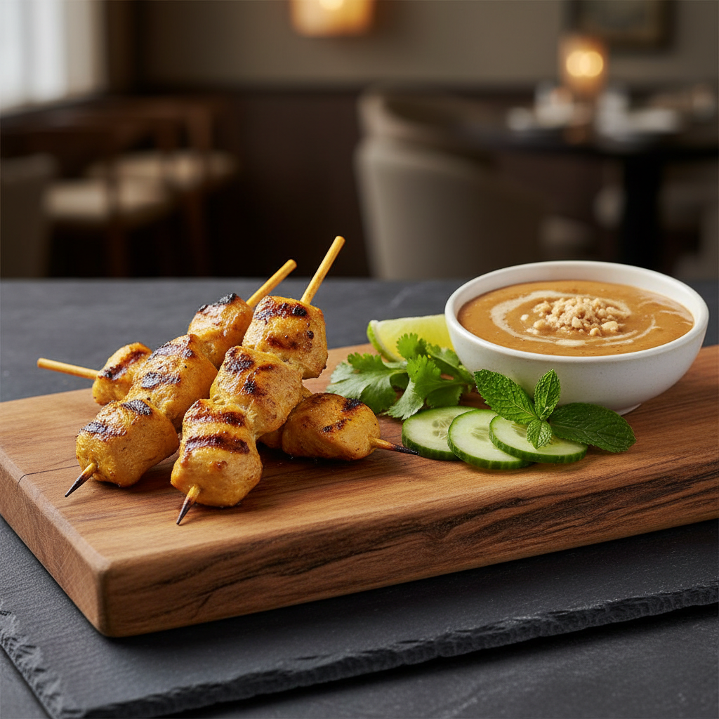 Grilled chicken satay skewers with peanut sauce