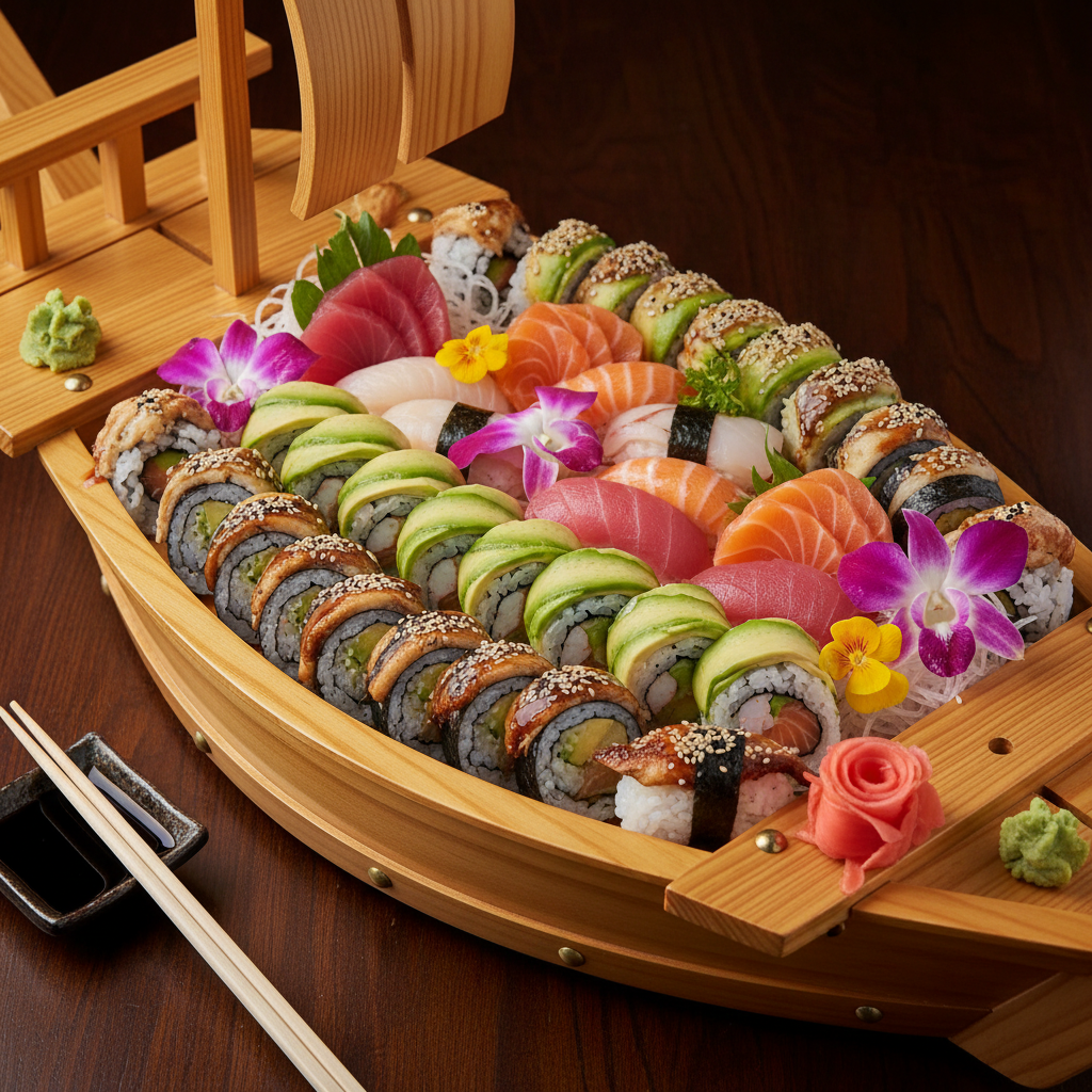 Sushi and sashimi catering boat with assorted rolls