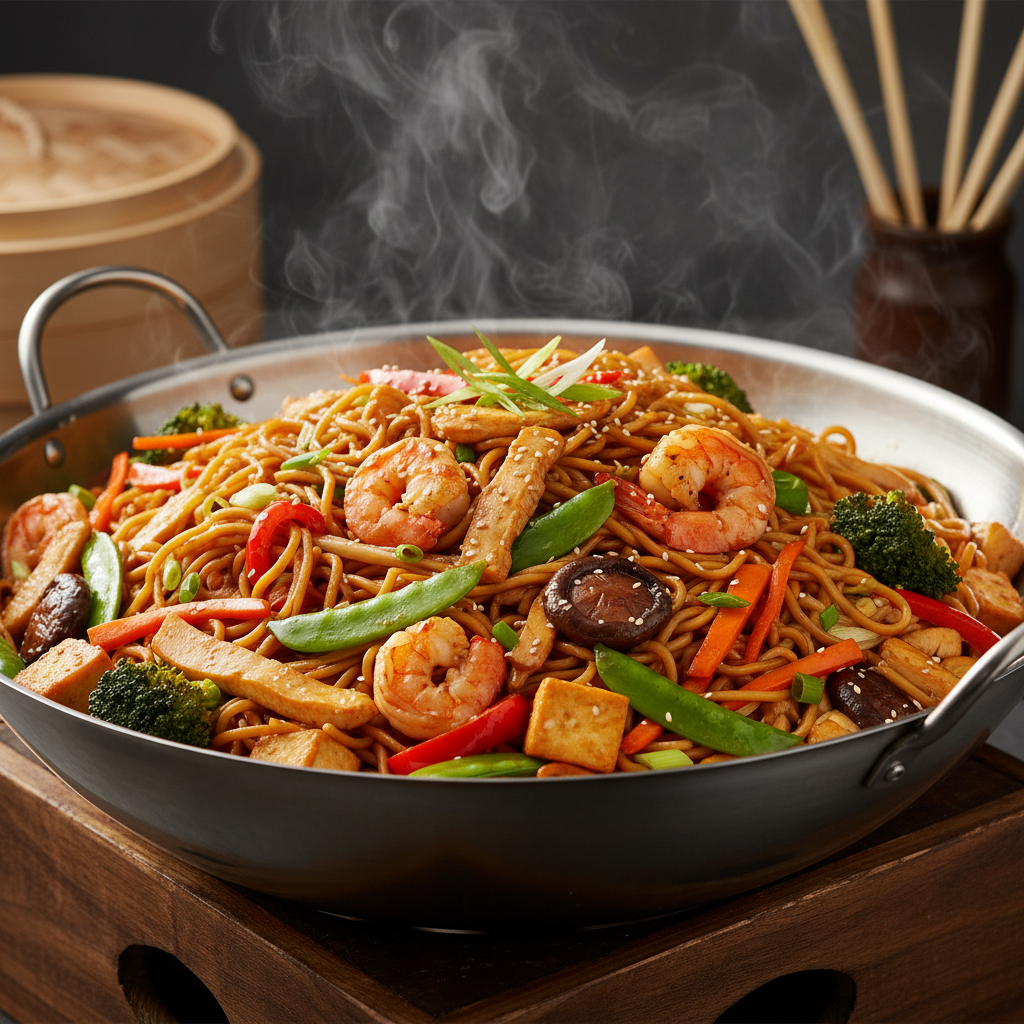 Wok-tossed noodles with vegetables and proteins