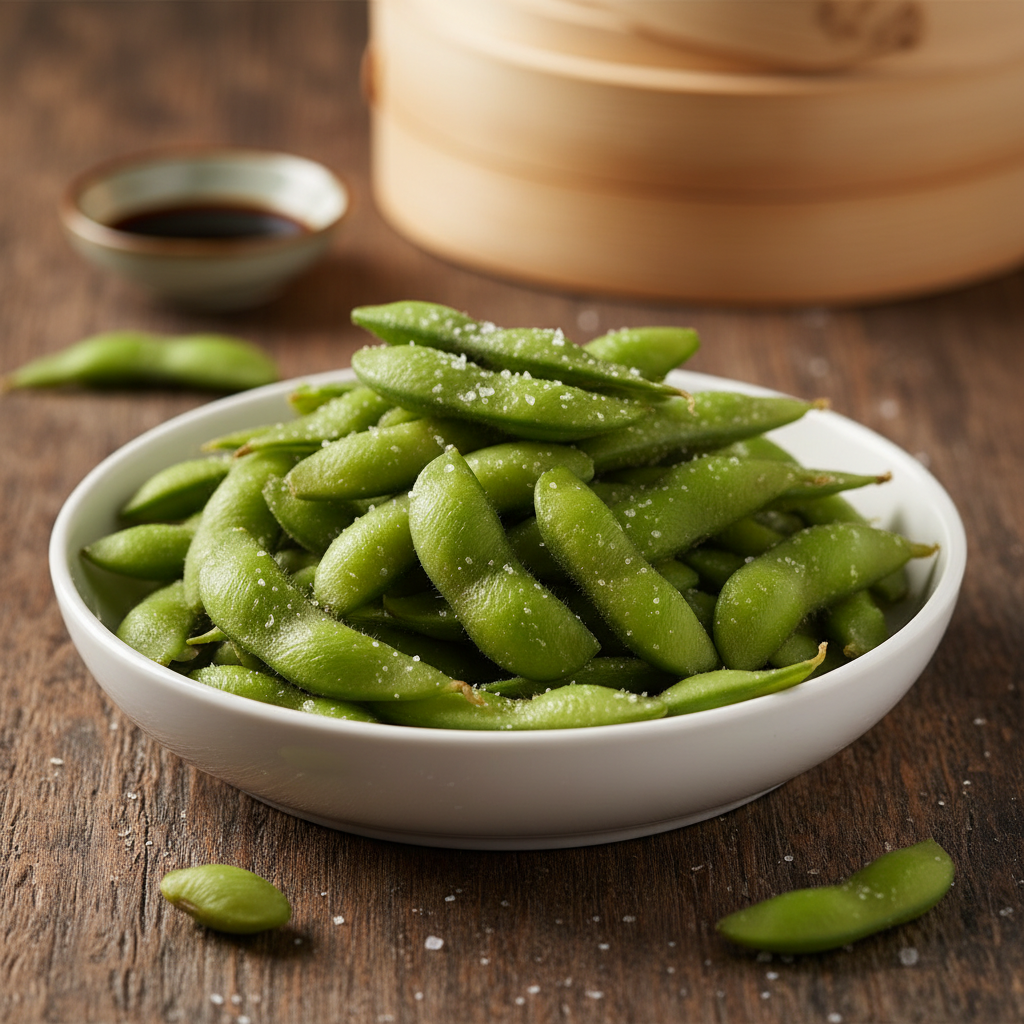 Bowl of steamed edamame with sea salt