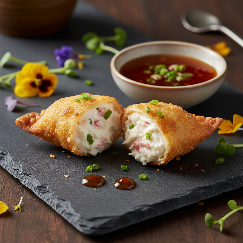 Crab rangoon cut in half showing creamy filling
