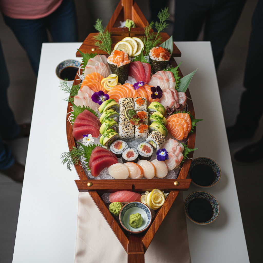 Overhead view of sushi and sashimi catering boat
