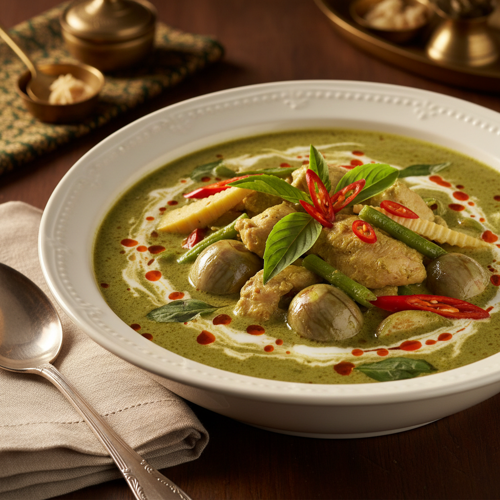 Rich Thai green curry in serving bowl