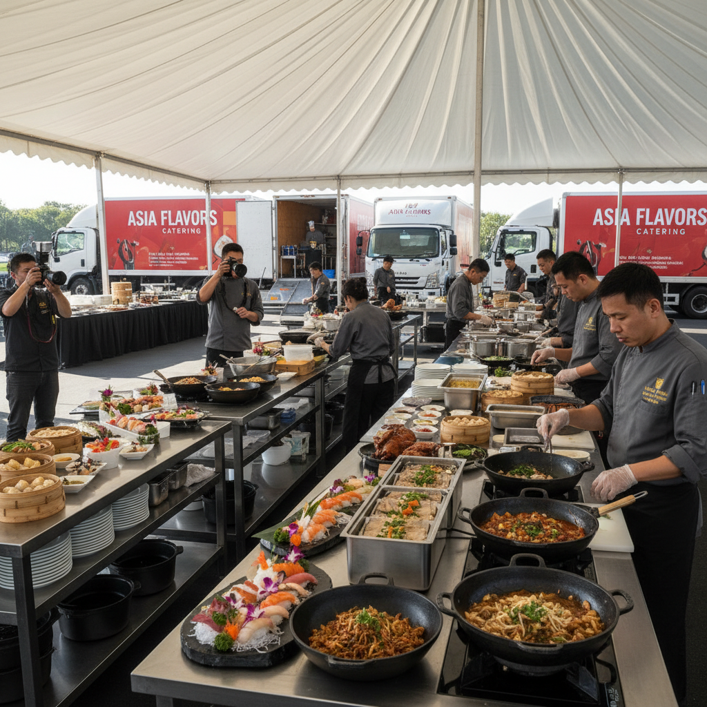 Professional Asian catering team setting up off-site event