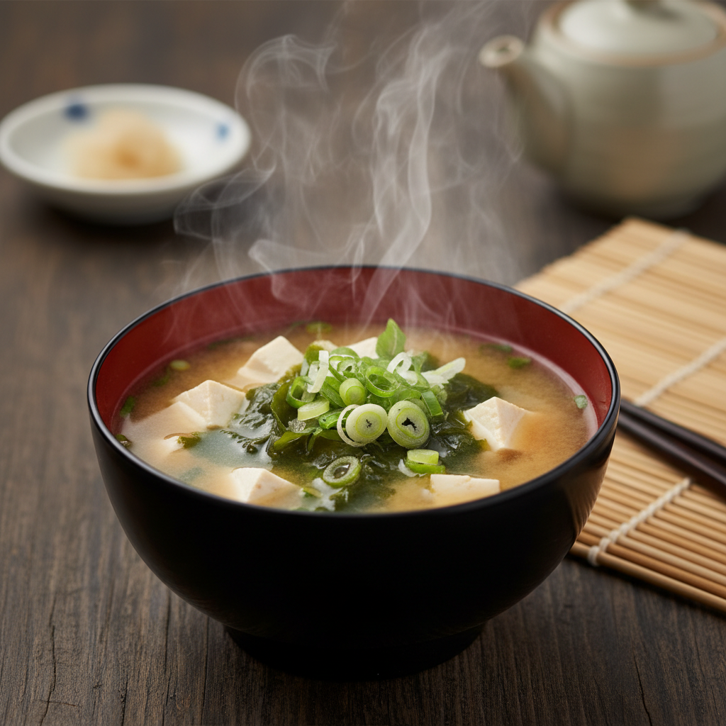 Traditional miso soup with tofu and seaweed