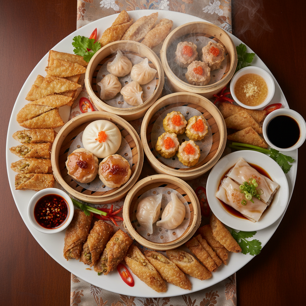 Overhead view of dim sum platter with bamboo steamers