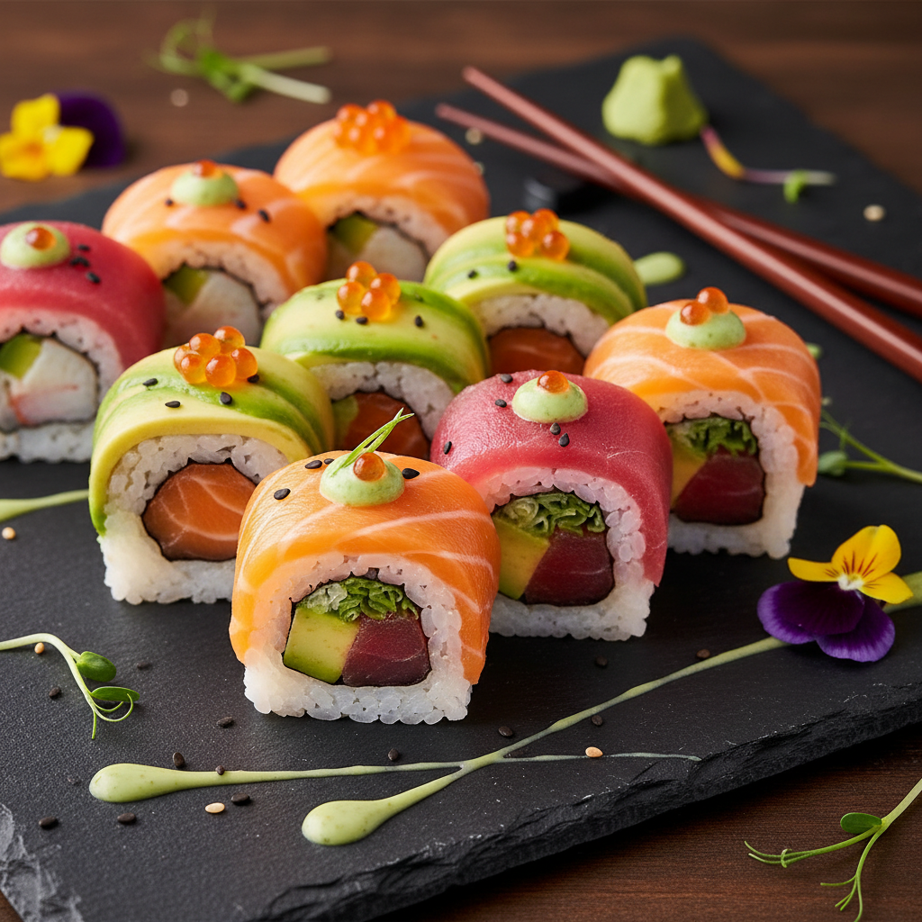 Colorful sushi roll pieces on dark slate board
