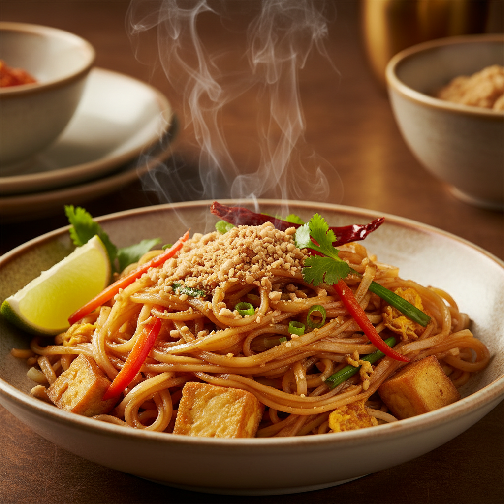 Wok-tossed Pad Thai noodles close-up