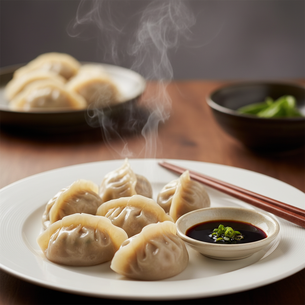 Plump steamed dumplings with chopsticks and dipping sauce