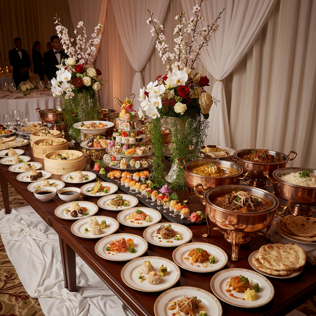 Elegant Pan-Asian wedding catering setup with floral centerpieces