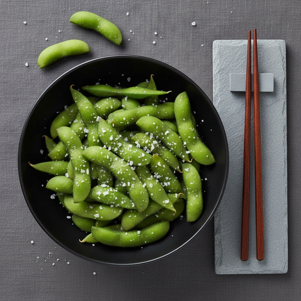 Top-down view of steamed edamame in dark bowl