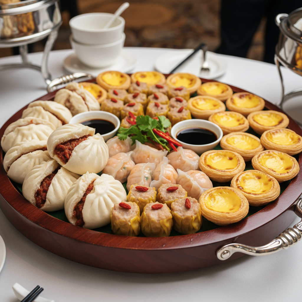Assorted dim sum catering platter with dumplings and buns