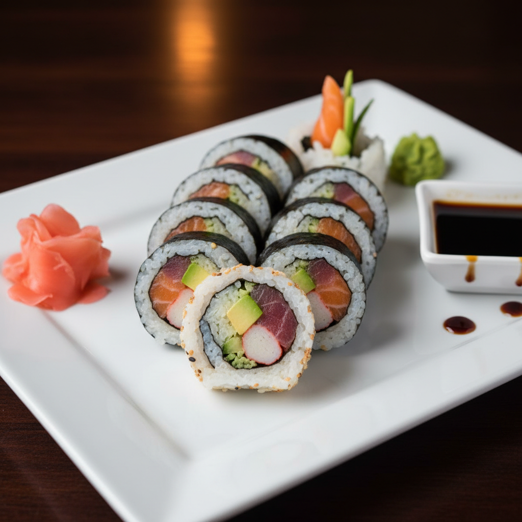 Assorted sushi roll with pickled ginger and wasabi