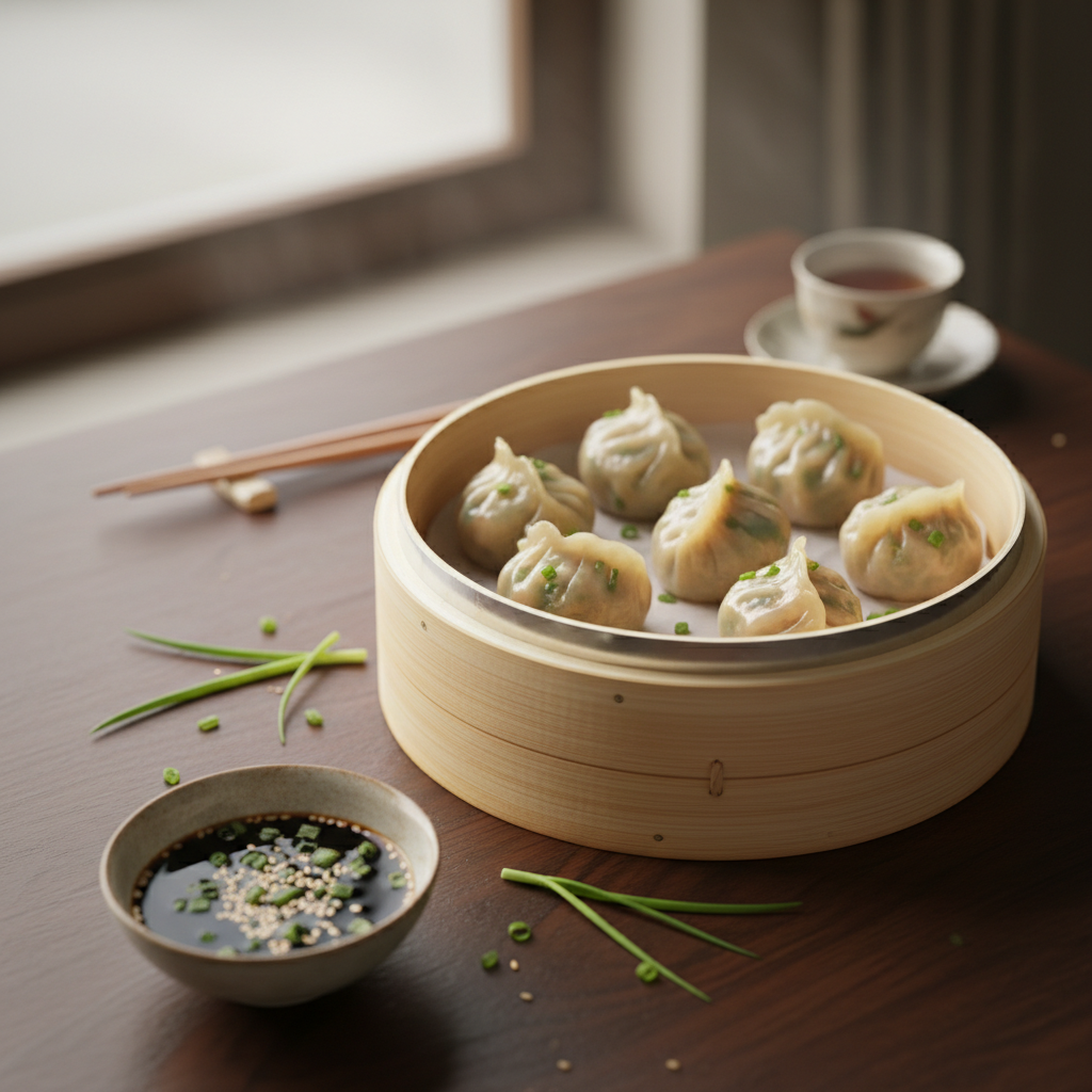 Steamed dumplings on bamboo steamer with soy sauce