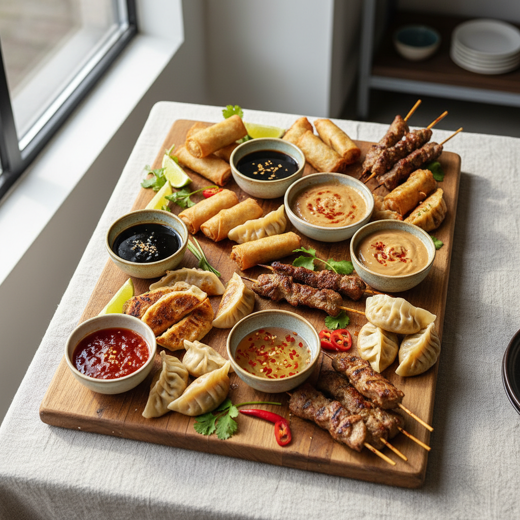 Overhead view of assorted Asian appetizers with dipping sauces