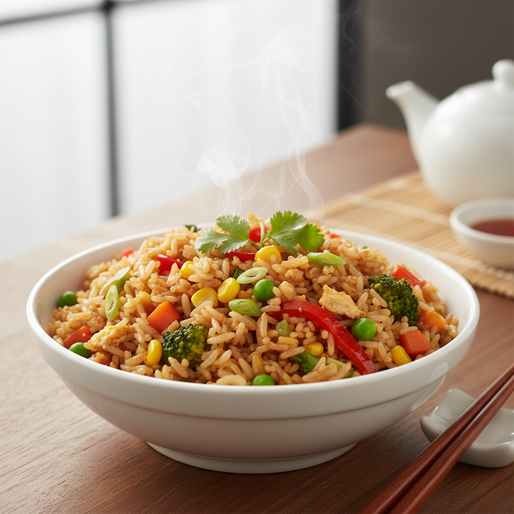 Wok-fried vegetable fried rice in white bowl