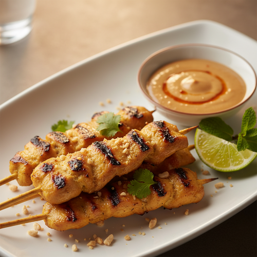 Close-up golden chicken satay with peanut sauce and lime
