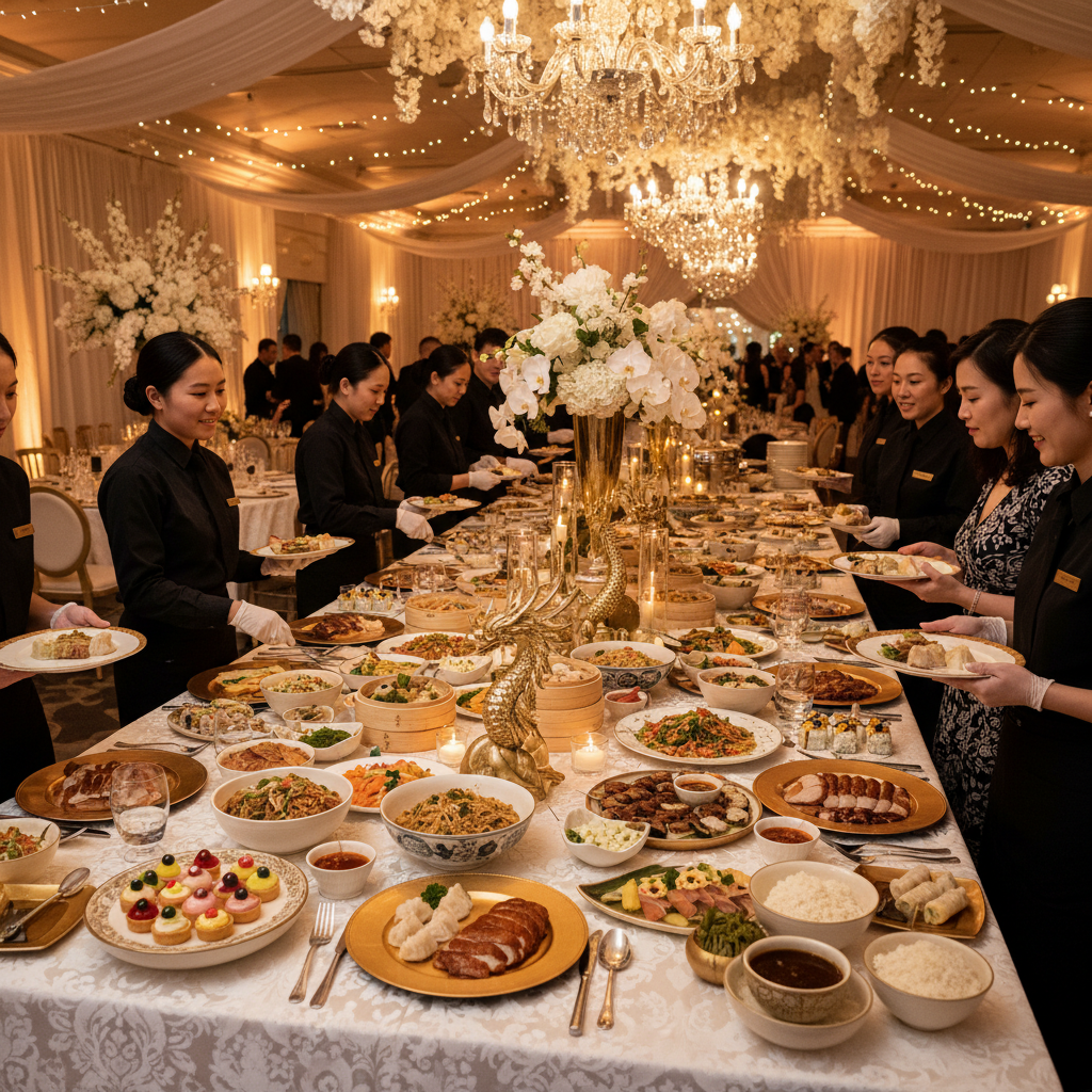Pan-Asian wedding reception catering table with white linens