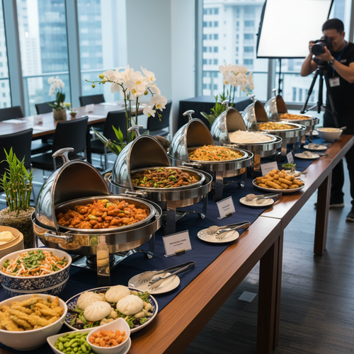 Asian corporate lunch catering buffet setup