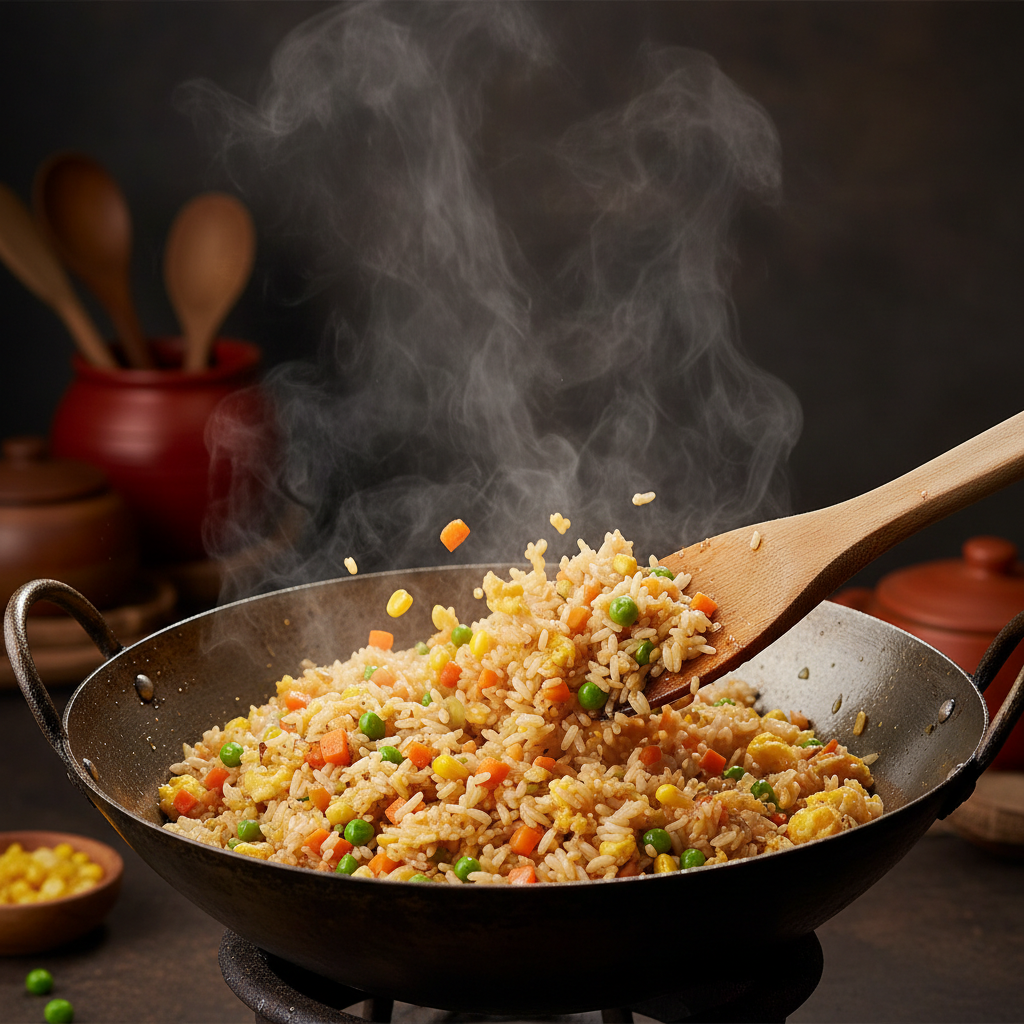 Vegetable fried rice in wok with colorful vegetables