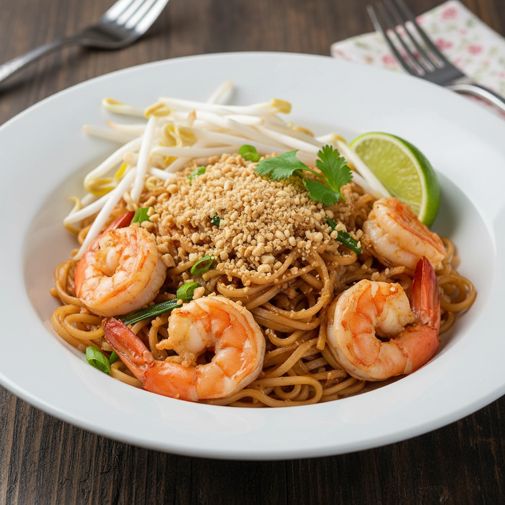 Classic Pad Thai with rice noodles and garnishes